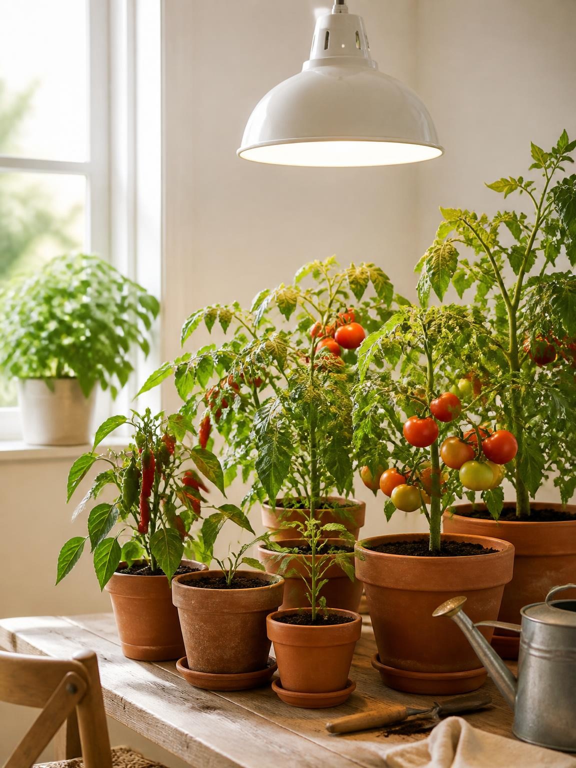 Tomaten- und Chilipflanzen in Tontöpfen unter einer Lampe